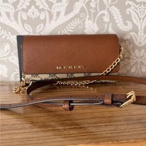 Michael Kors Wallet Removable Strap Brown Saffiano Leather Gold HDW NWOT